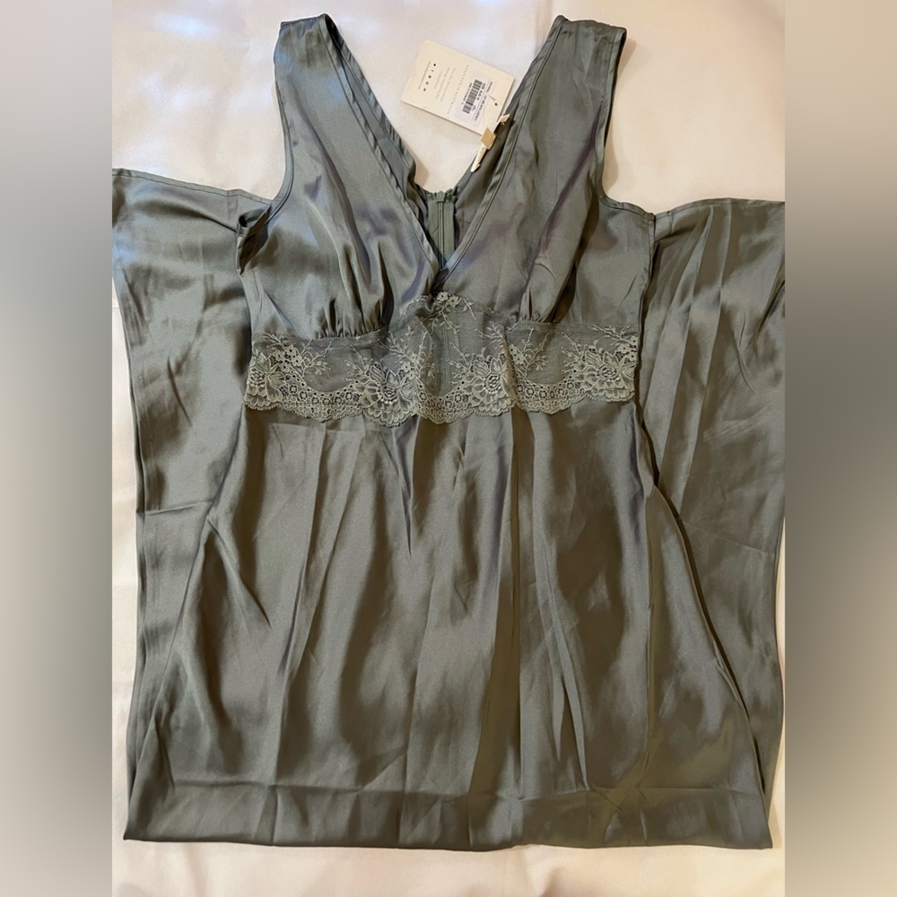 Satin Lace-Trim Maxi Dress in Sage Green